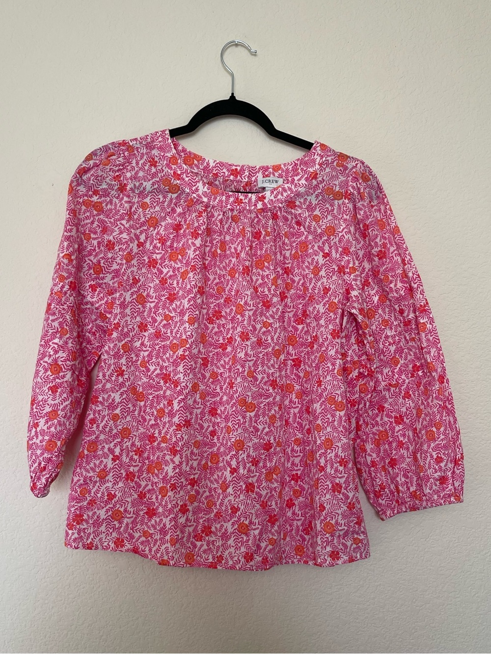 J.Crew Pink Floral Peasant Blouse Size Small 100% Cotton Puff Sleeve Top - Picture 2 of 8